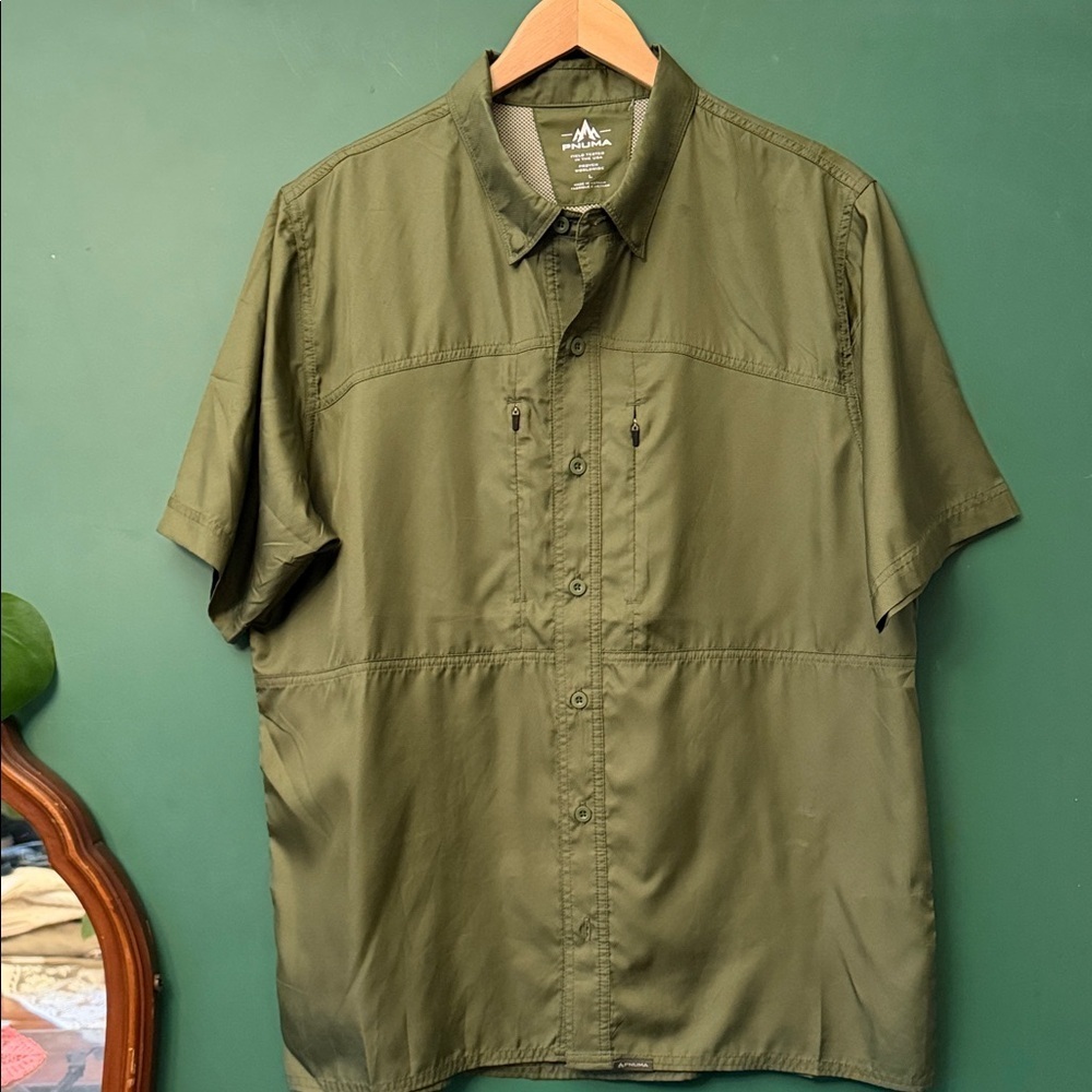 Pnuma Outdoors Dark Olive Mens L Short Sleeve Shirt UPF 30+ Outdoors